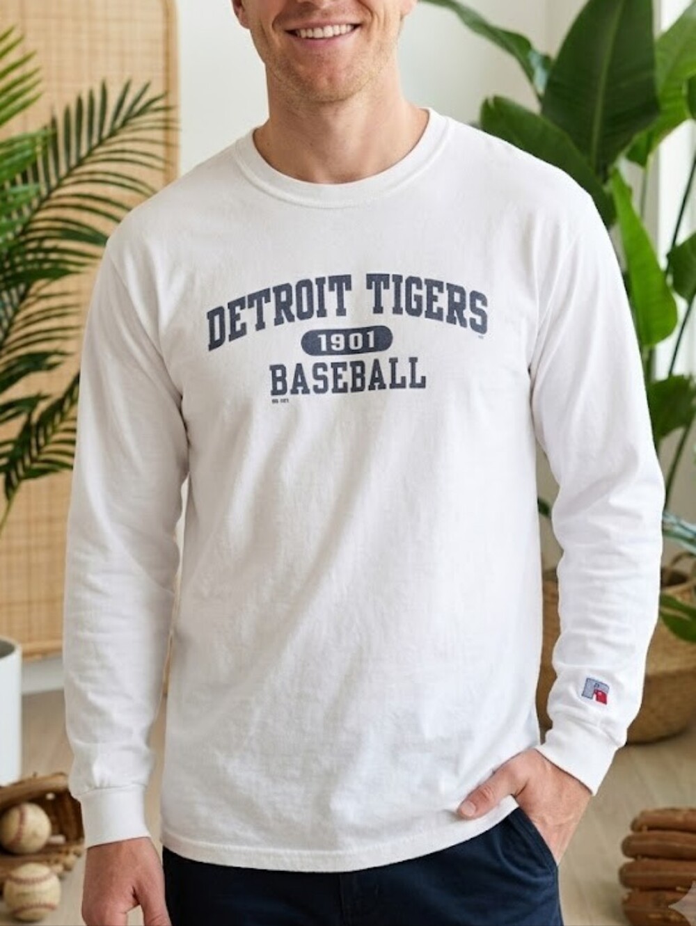 Vintage Detroit Tigers Long Sleeve Shirt Russell Athletic Tube Knit White